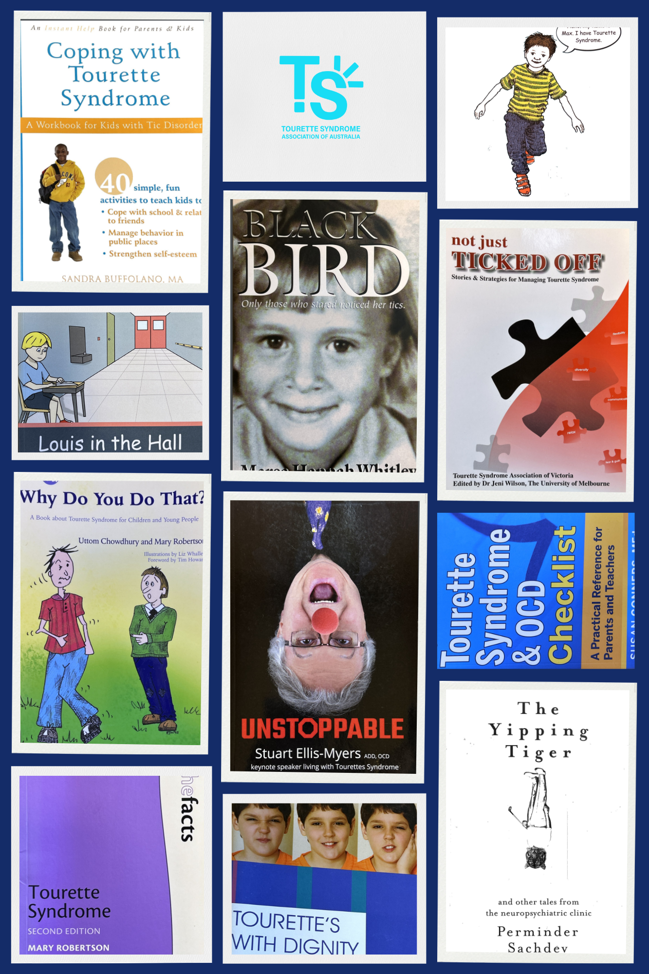 A collage of books about Tourette Syndrome with the Tourette Syndrome Association of Australia logo