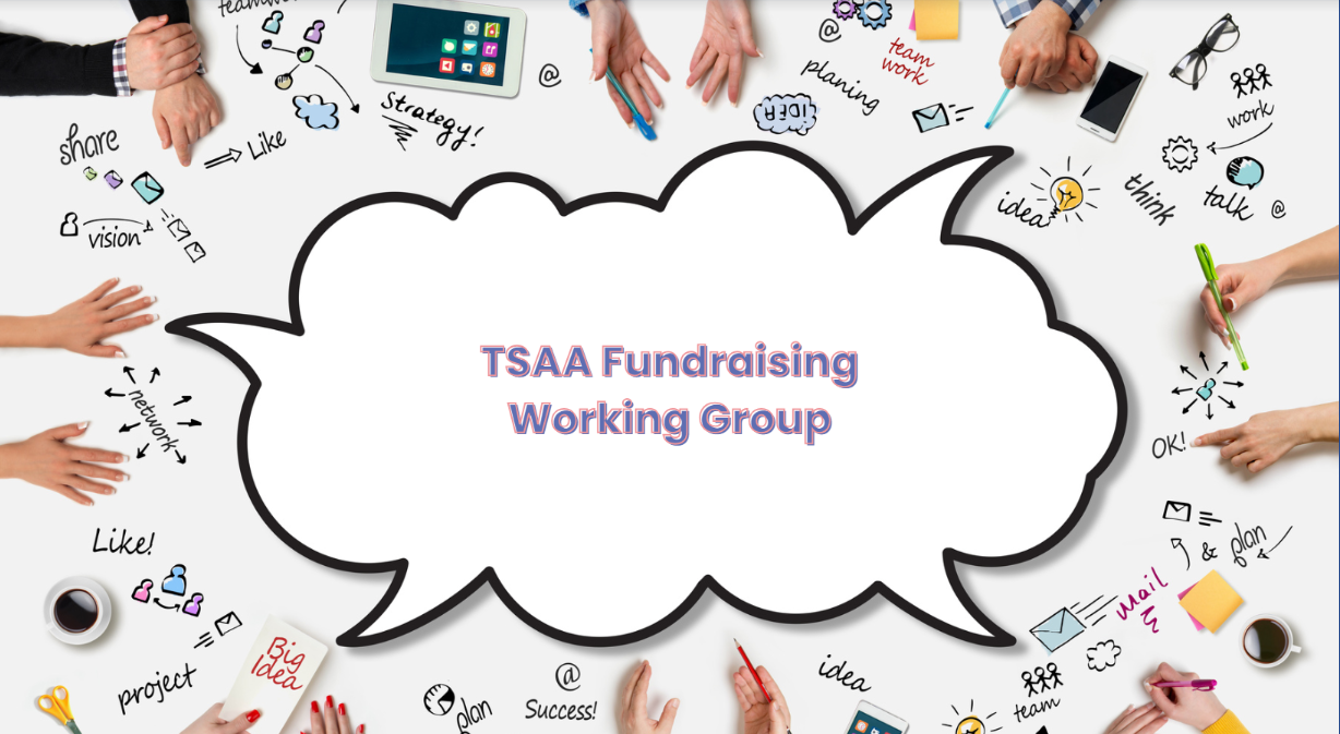 Image of a table top viewed from above with hands around it and brainstorming words and pirctures.  A speech bubble in the middle says TSAA Fundraising Working Group.