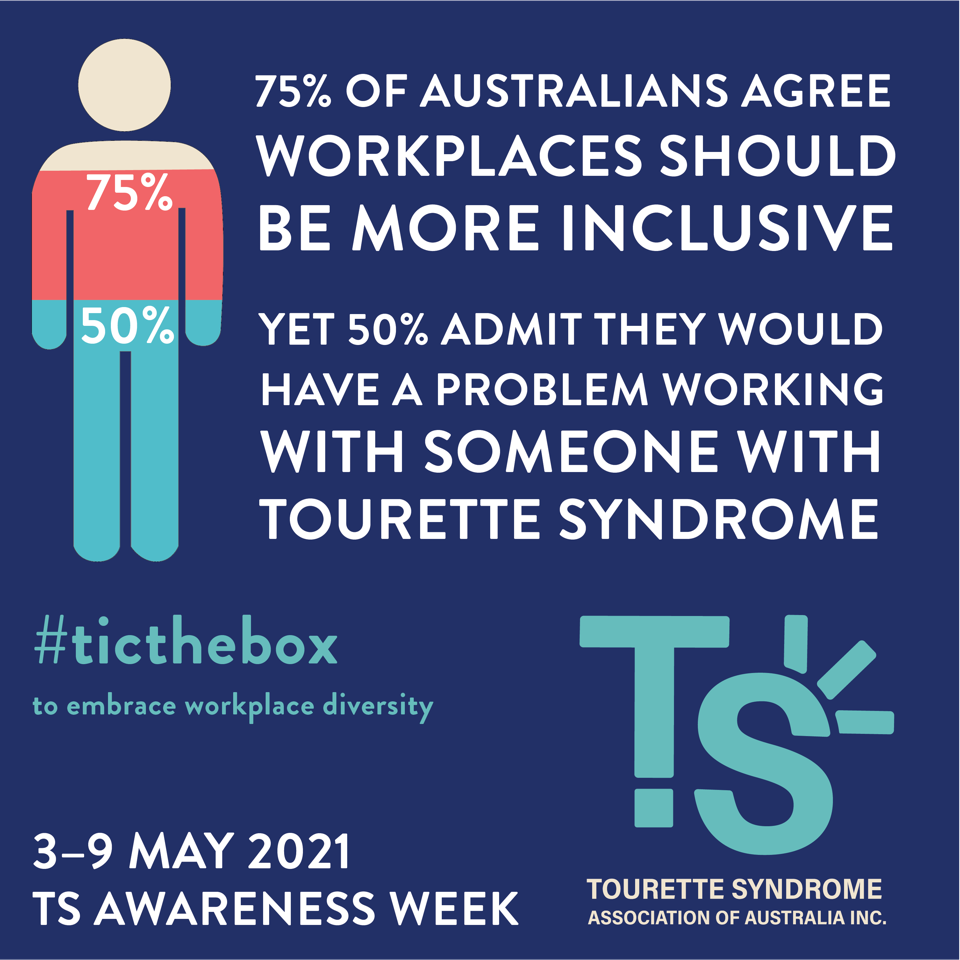 75% of Australians Agree Workplaces should be more inclusive.  Yet 50% admit they would have a problem working with someone with Tourette Syndrome