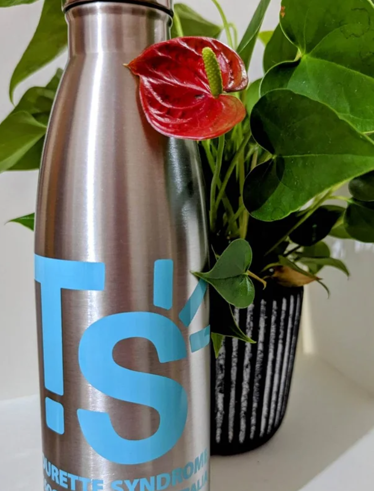 Stainless Steel water bottle with a teal TS logo, it is photographed against a pot plant with green leaves and red flowers.